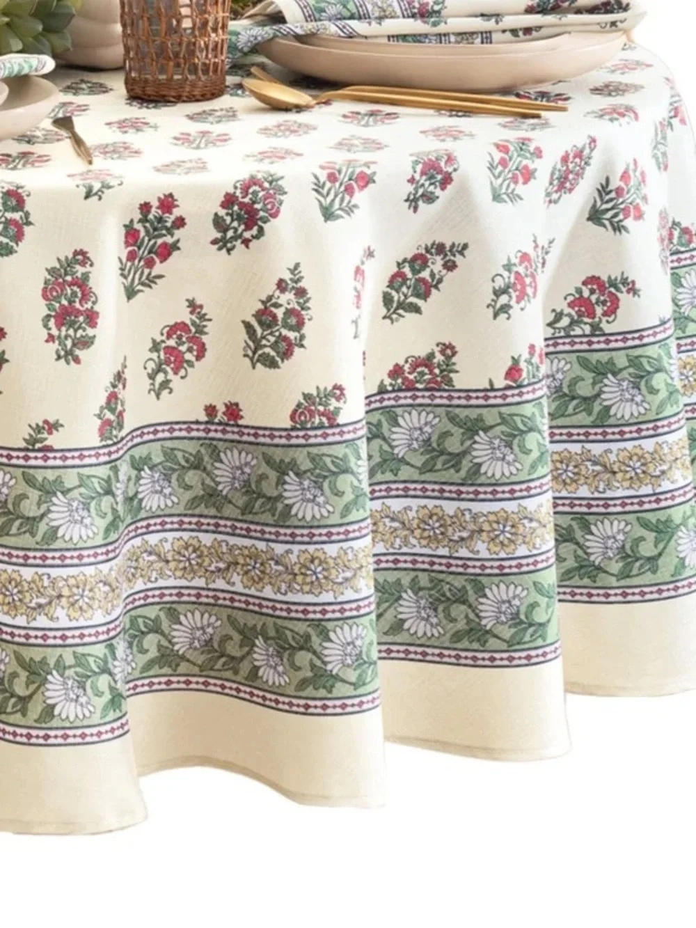 Floral Green Border Round Tablecloth - Cream